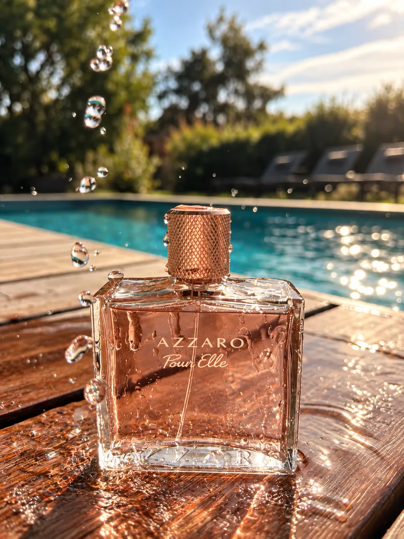 Le flacon Azzaro Pour Elle sur un ponton en bois au bord d’une piscine, éclaboussé de gouttes d’eau
